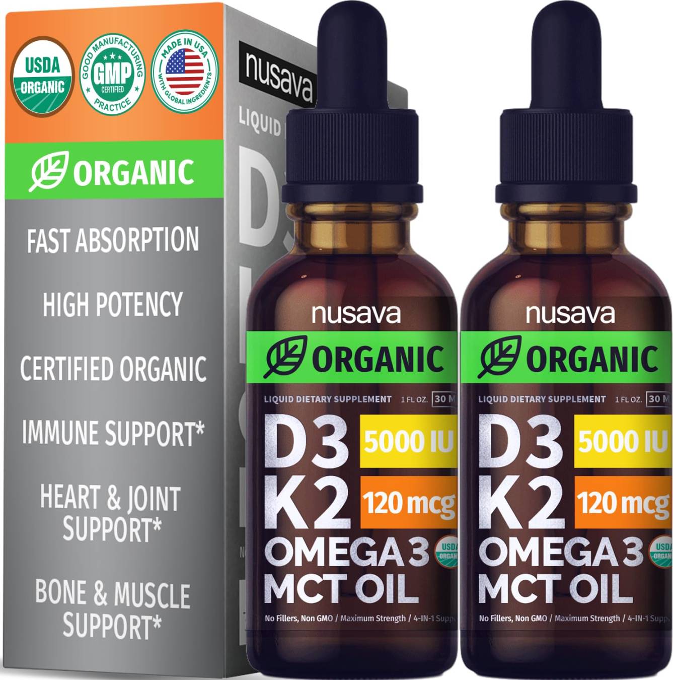 ( Pack) Organic Vitamin D K Drops w MCT Oil Omega ,  IU, Maximum  Strength Vitamin D Liquid  IU, No Fillers, Non-GMO Liquid D for Faster